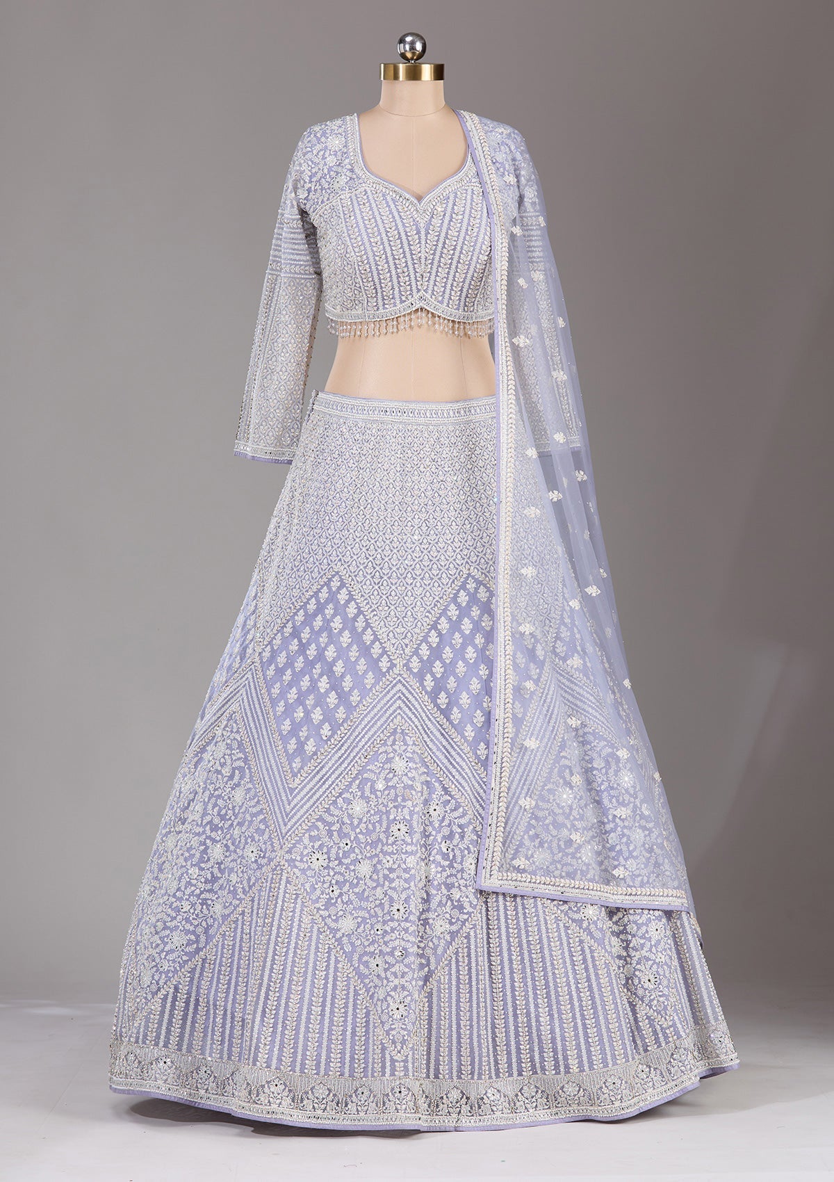 Lavender Threadwork Net Readymade Lehenga-Koskii
