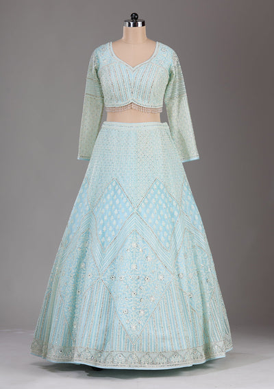 Sky Blue Threadwork Net Readymade Lehenga-Koskii