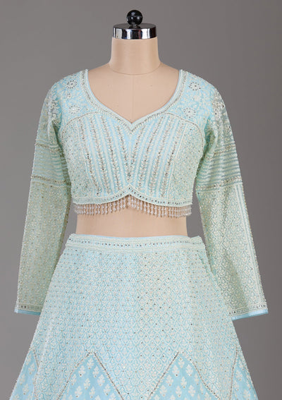 Sky Blue Threadwork Net Readymade Lehenga-Koskii