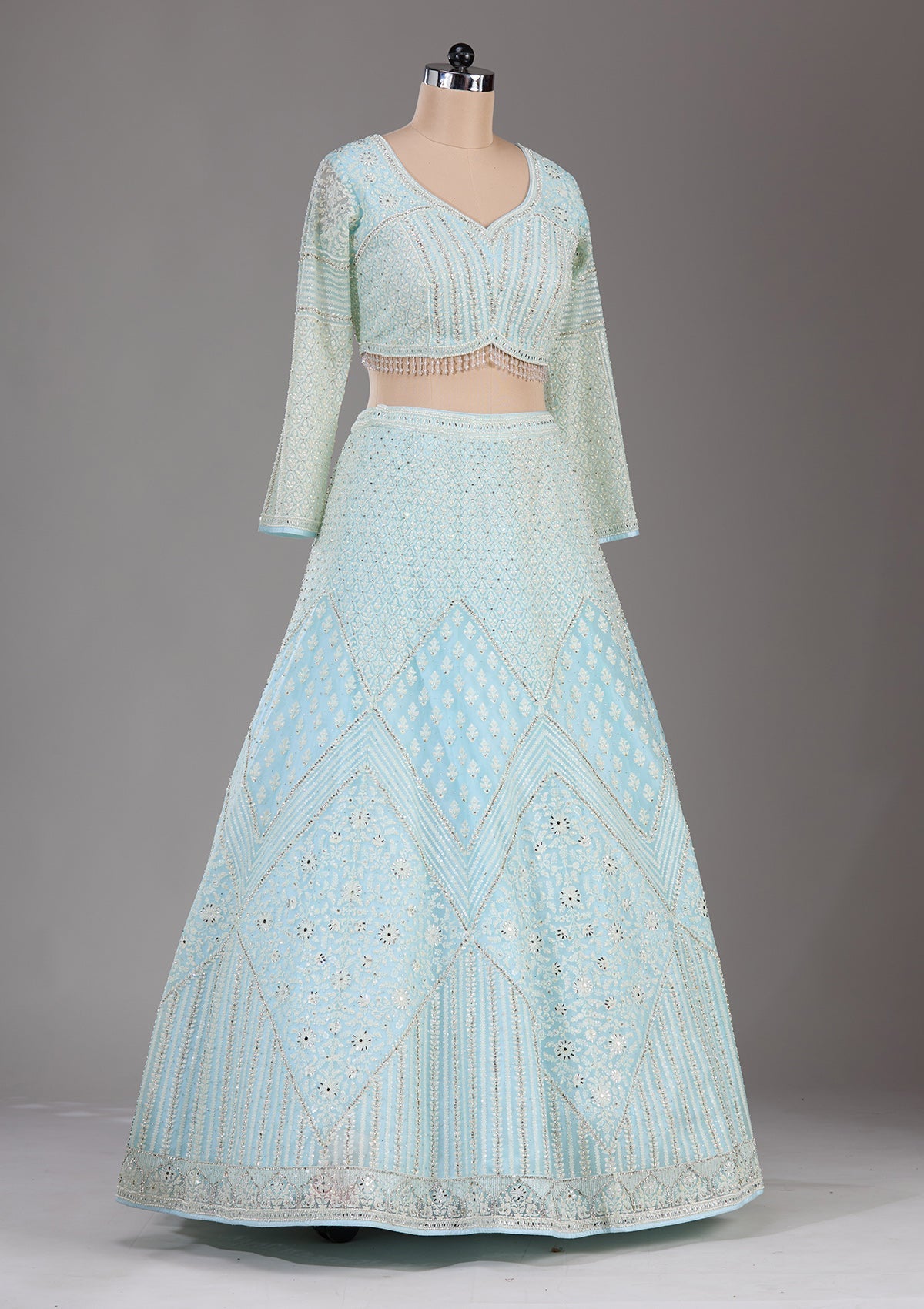 Sky Blue Threadwork Net Readymade Lehenga-Koskii
