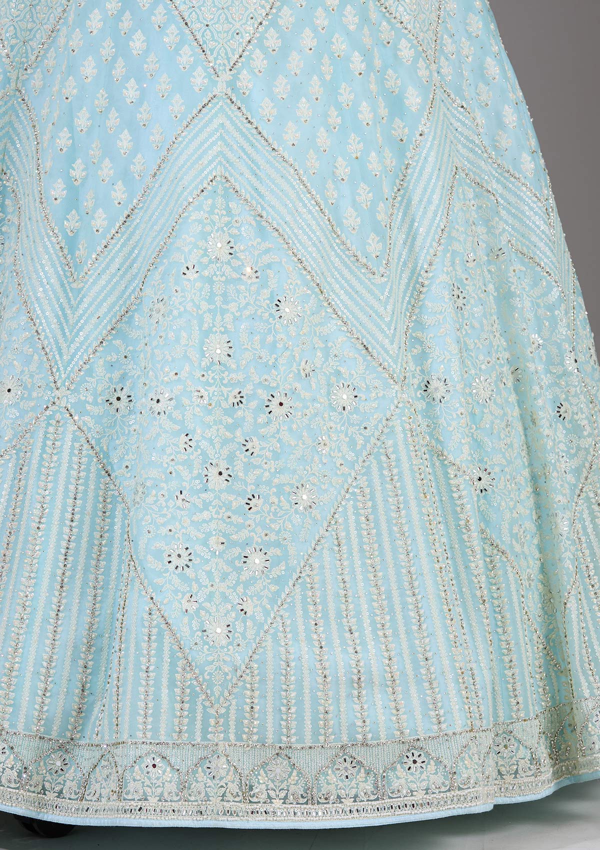 Sky Blue Threadwork Net Readymade Lehenga-Koskii