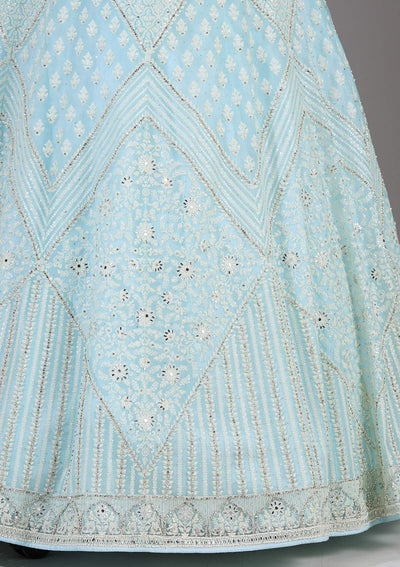 Sky Blue Threadwork Net Readymade Lehenga-Koskii