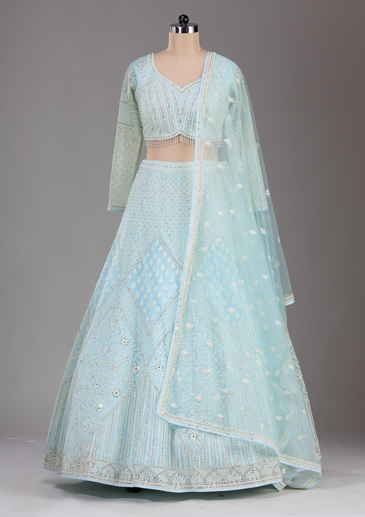 Sky Blue Threadwork Net Readymade Lehenga-Koskii