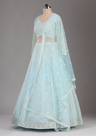 Sky Blue Threadwork Net Readymade Lehenga-Koskii