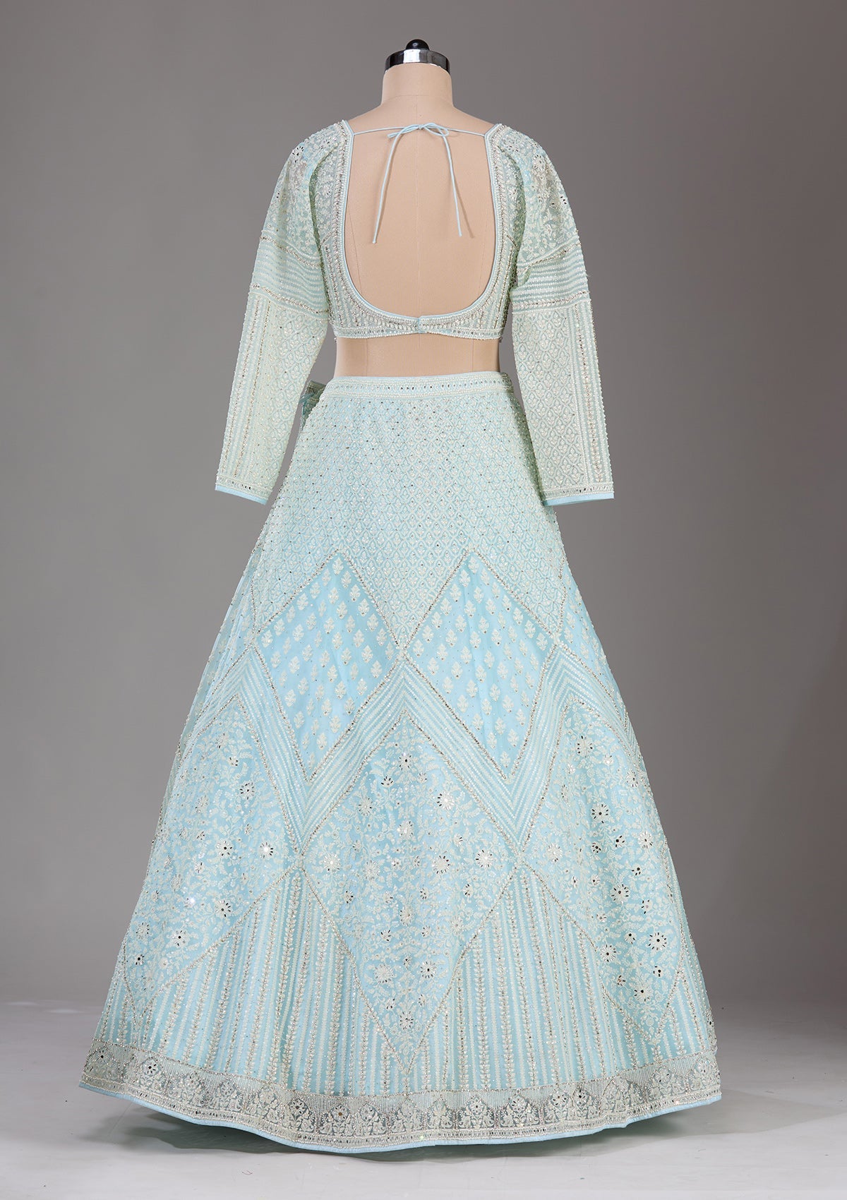 Sky Blue Threadwork Net Readymade Lehenga-Koskii
