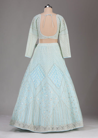 Sky Blue Threadwork Net Readymade Lehenga-Koskii