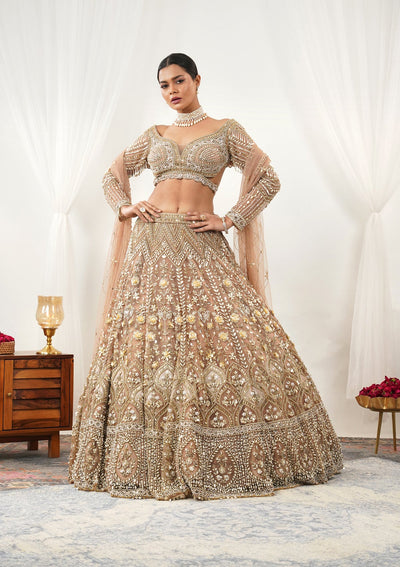 Gold Pearlwork Net Readymade Lehenga-Koskii