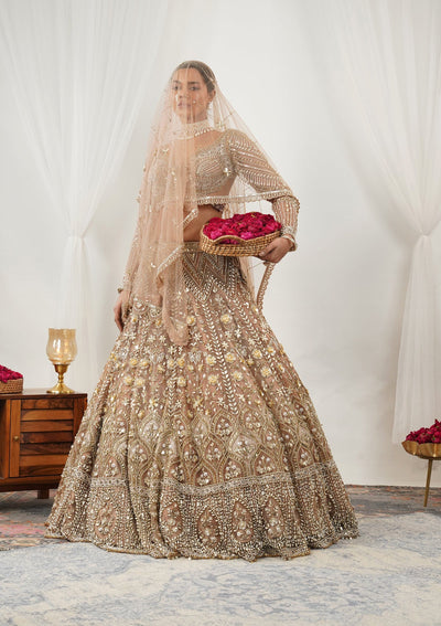 Gold Pearlwork Net Readymade Lehenga-Koskii