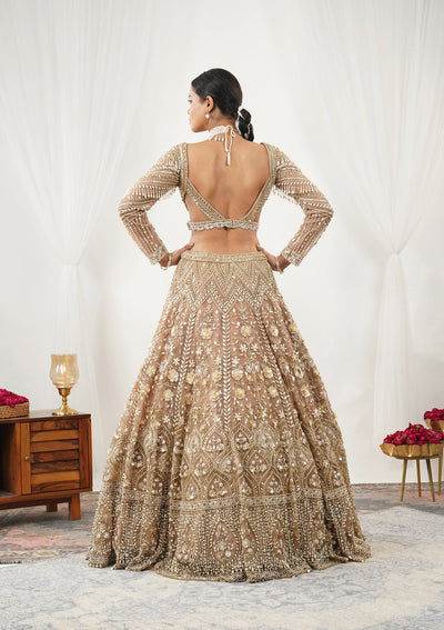 Gold Pearlwork Net Readymade Lehenga-Koskii