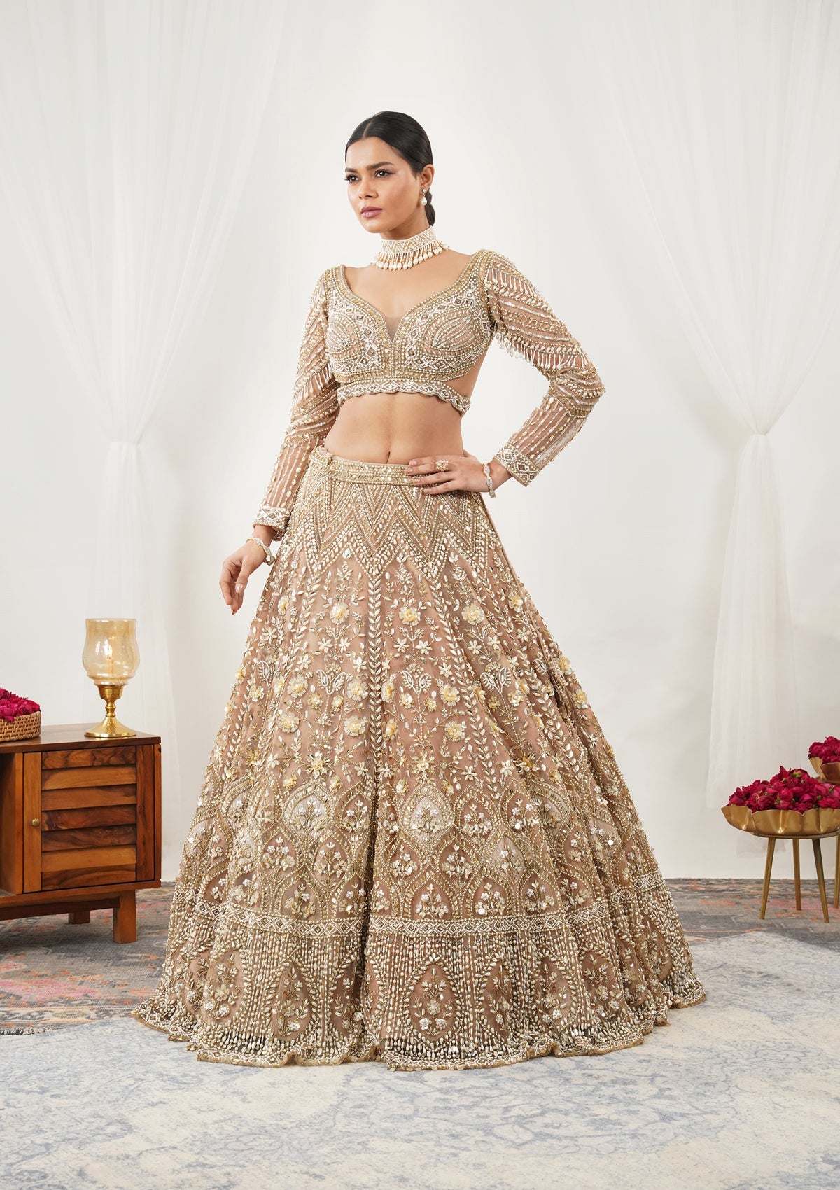 Gold Pearlwork Net Readymade Lehenga-Koskii