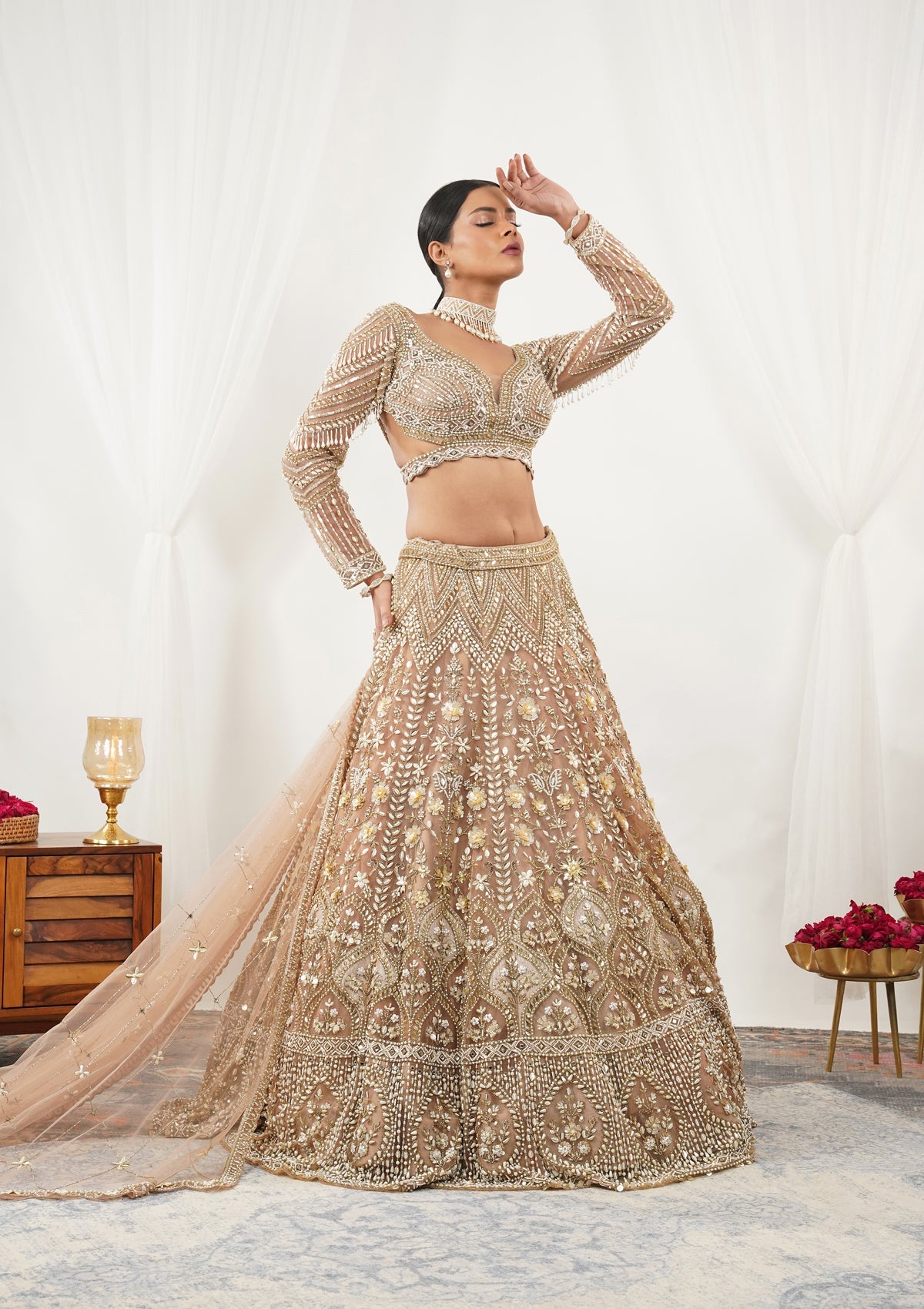 Gold Pearlwork Net Readymade Lehenga-Koskii