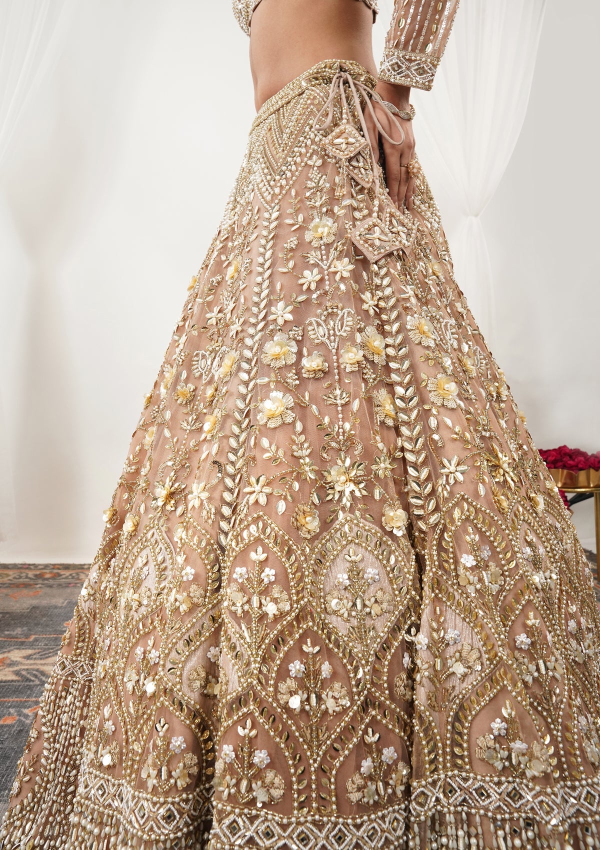 Gold Pearlwork Net Readymade Lehenga-Koskii