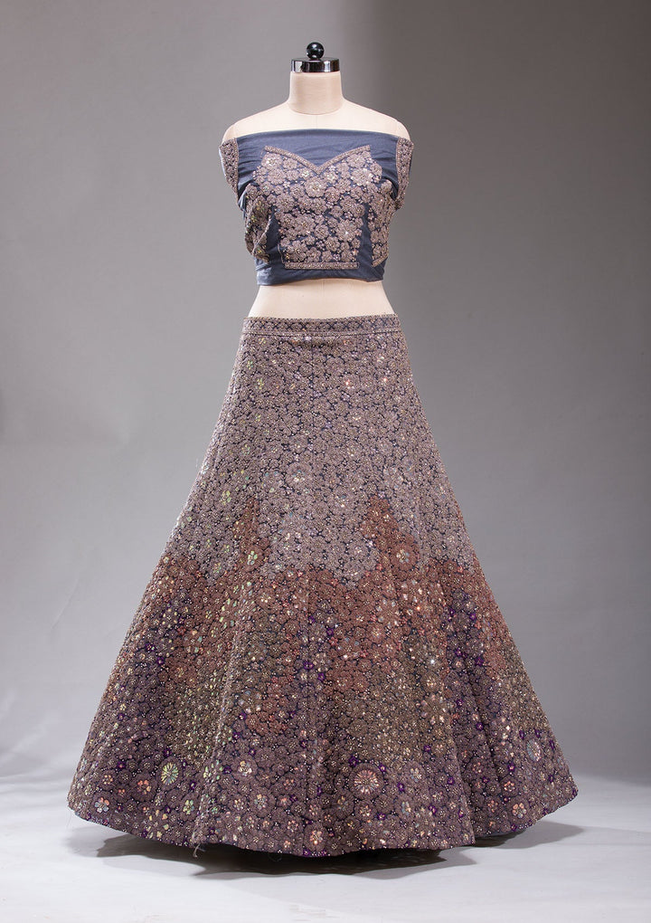 Navy Blue Zariwork Net Readymade Lehenga-koskii
