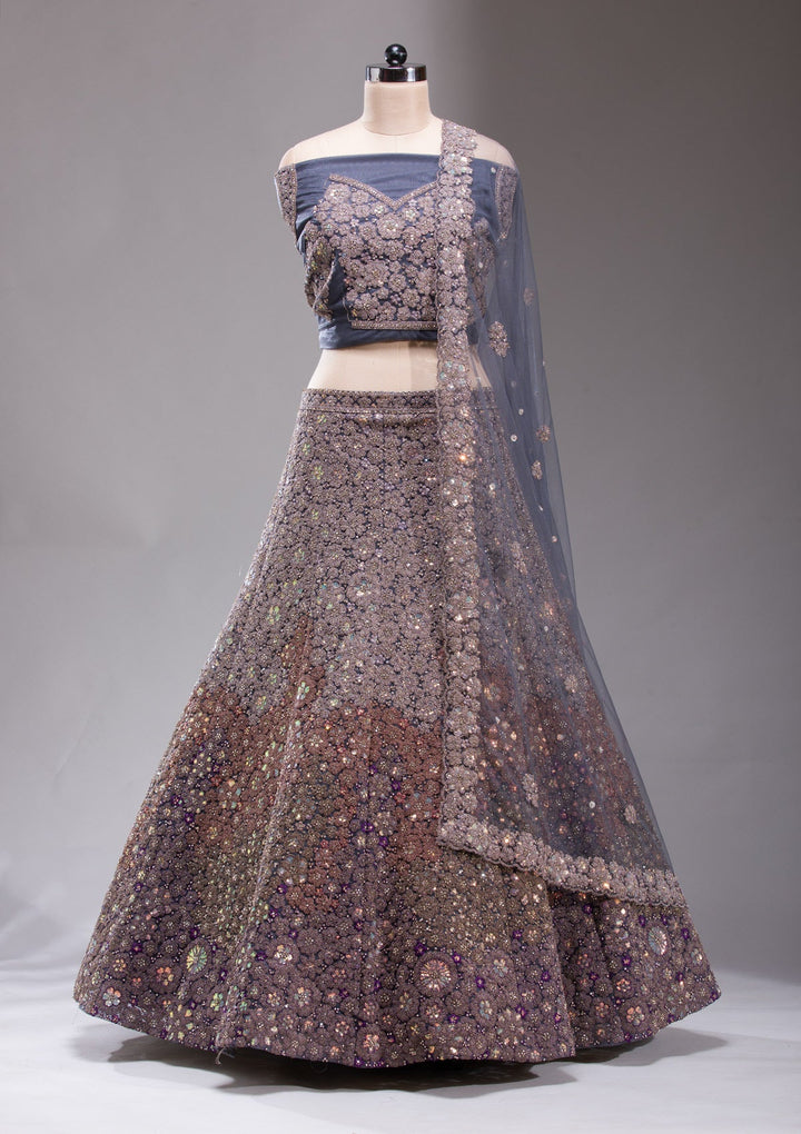 Navy Blue Zariwork Net Readymade Lehenga-koskii