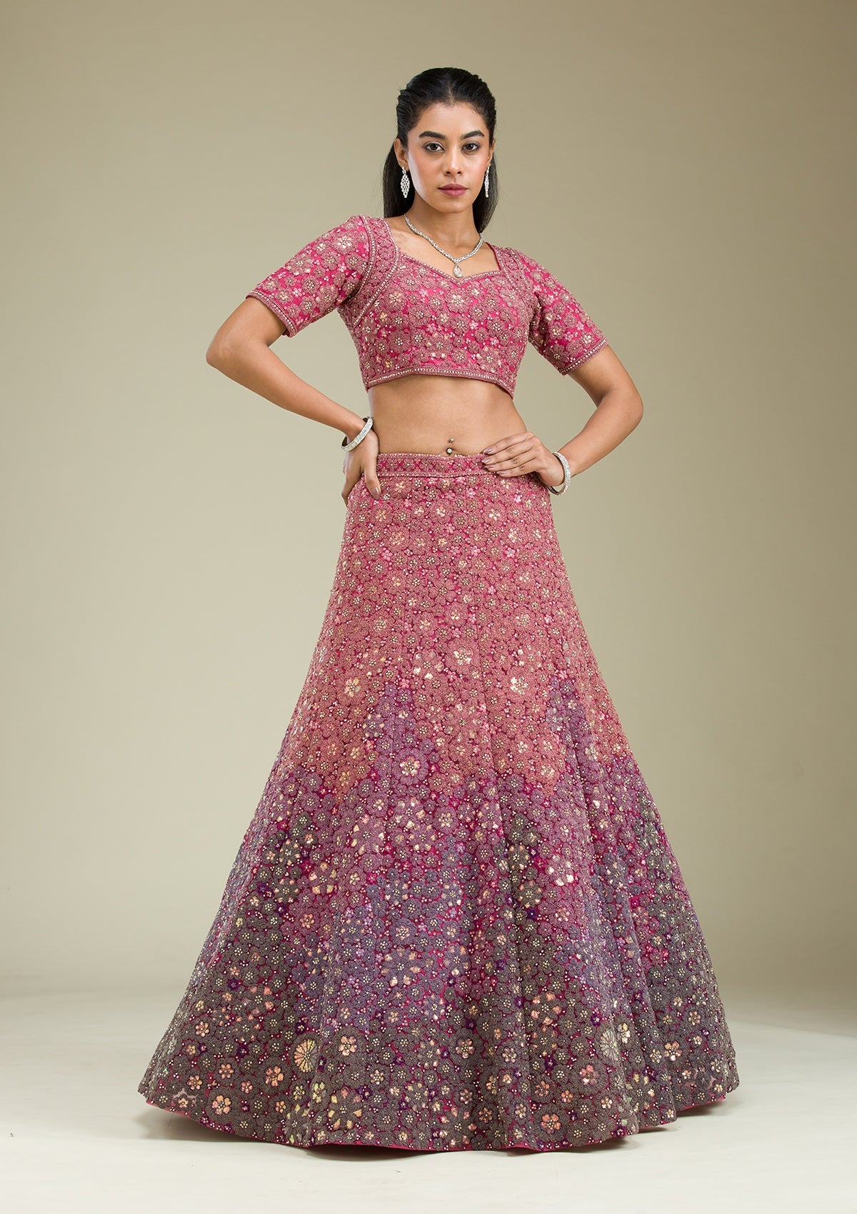 Pink Zariwork Tissue Semi Stitched Lehenga-Koskii