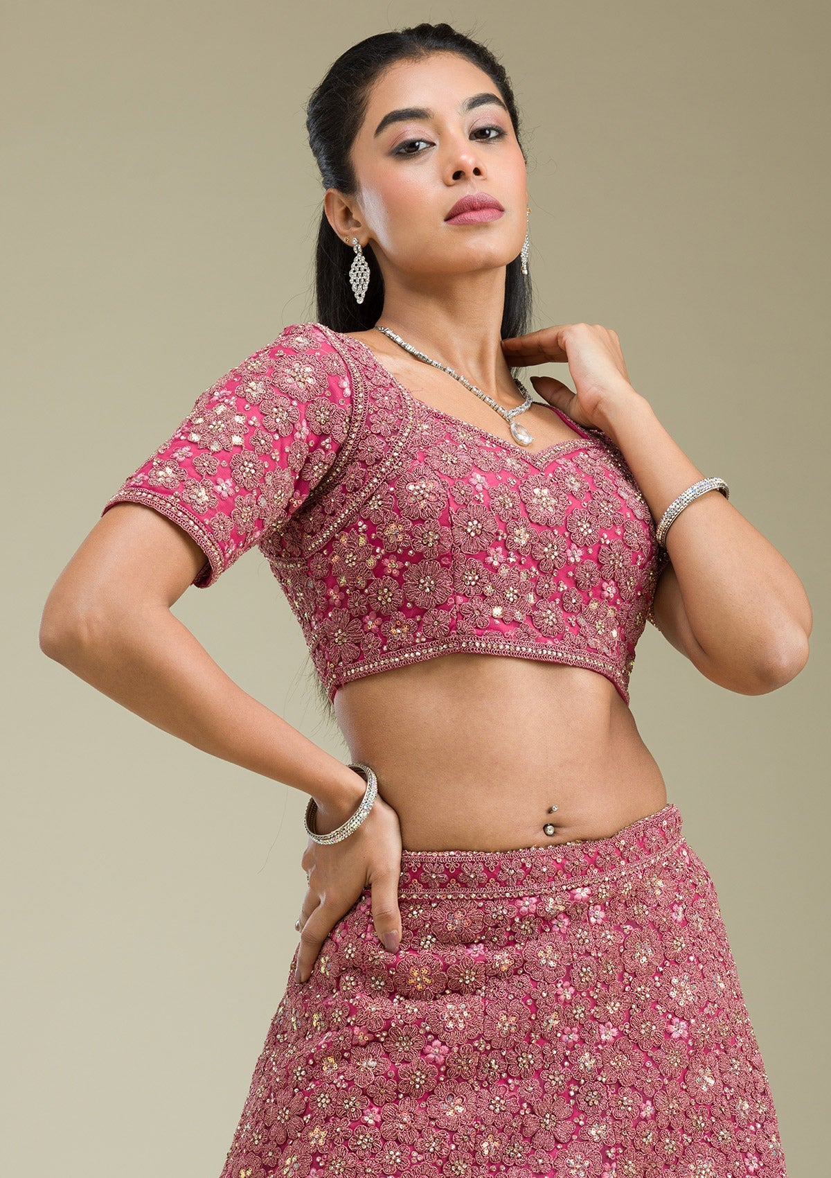 Pink Zariwork Tissue Semi Stitched Lehenga-Koskii