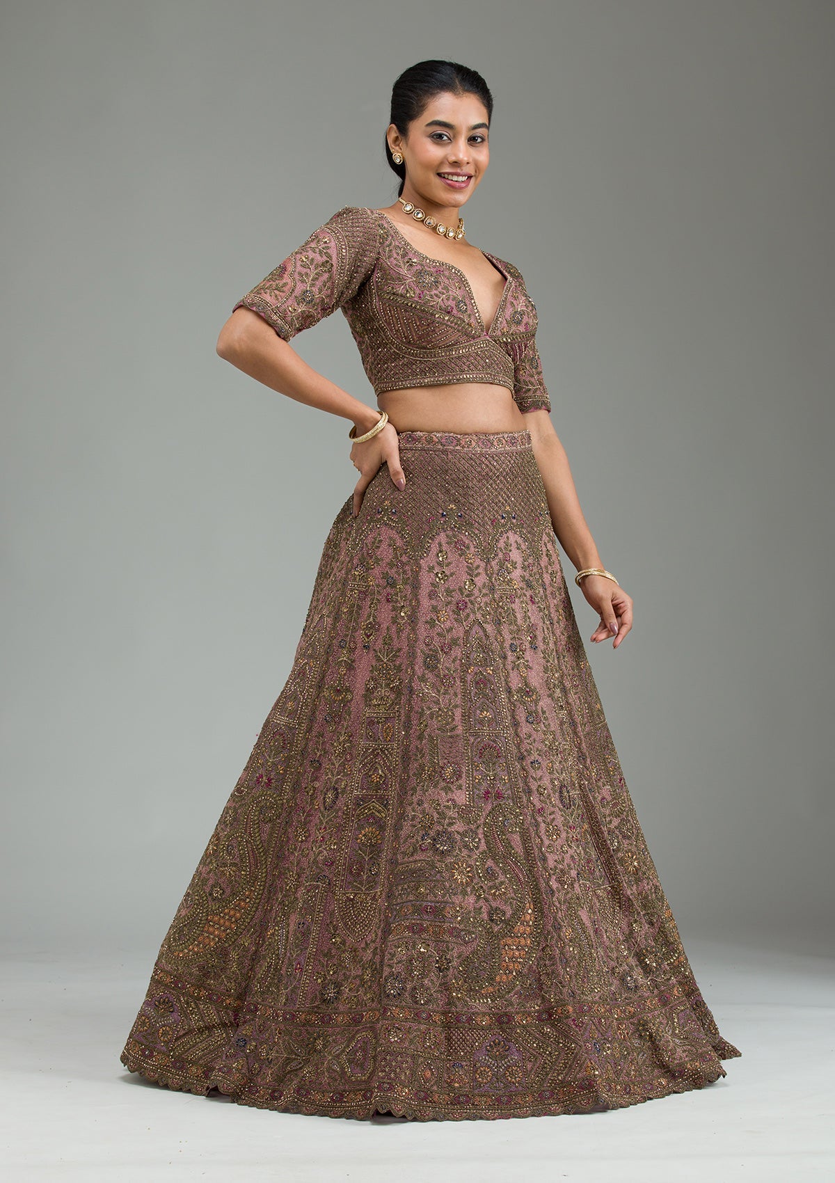 Lavender Zariwork Tissue Semi Stitched Lehenga-Koskii