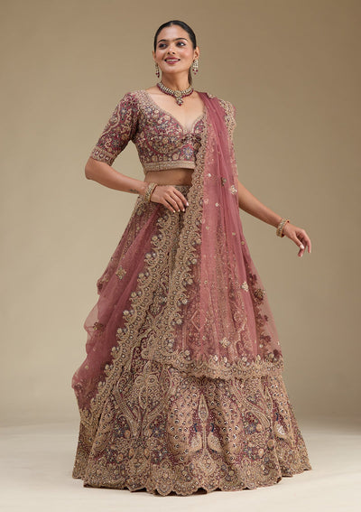 Onion Pink Zariwork Tissue Readymade Lehenga-Koskii