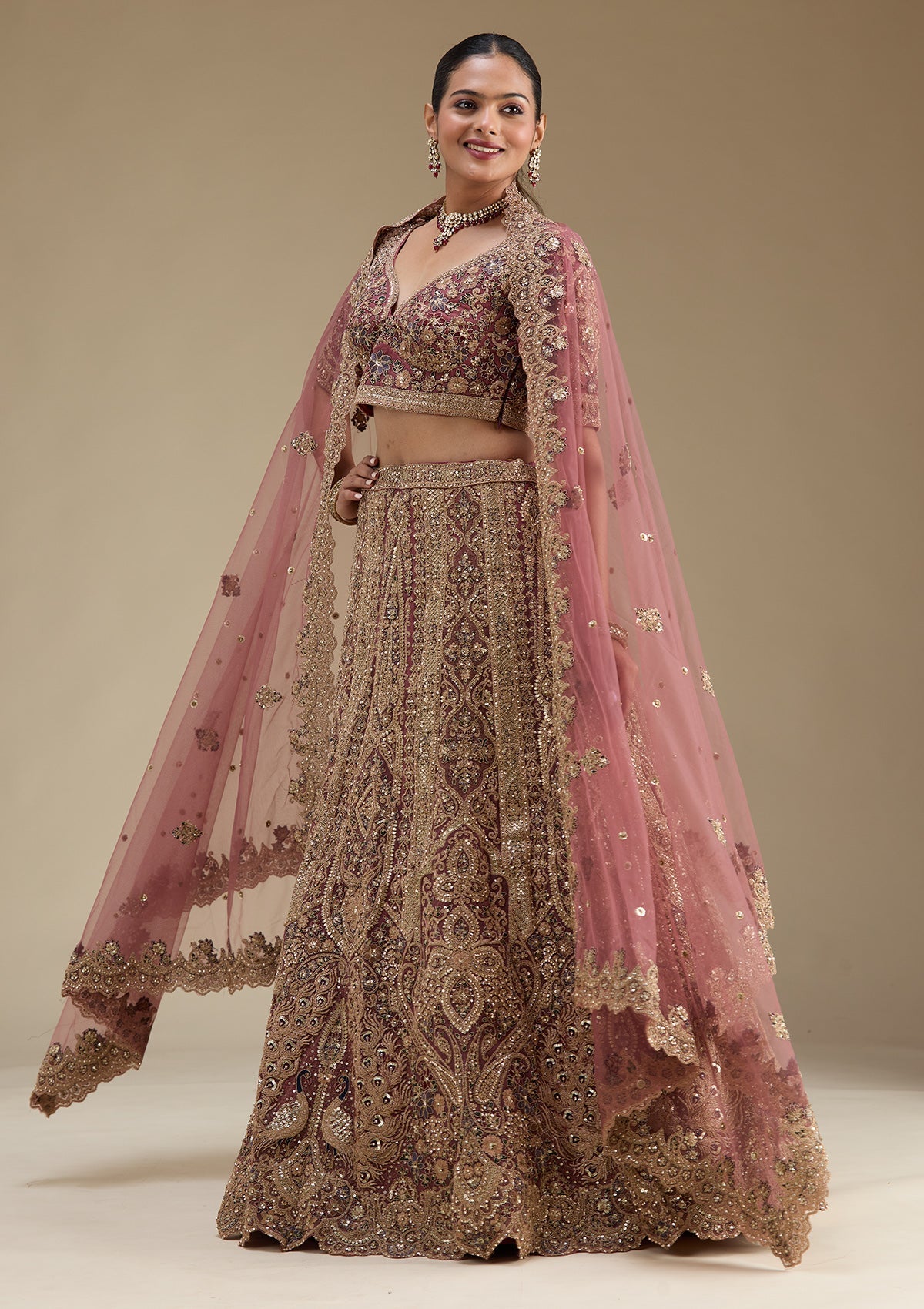 Onion Pink Zariwork Tissue Readymade Lehenga-Koskii