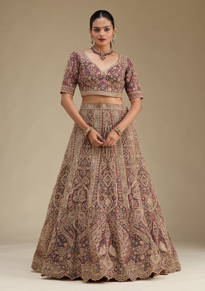 Onion Pink Zariwork Tissue Readymade Lehenga-Koskii