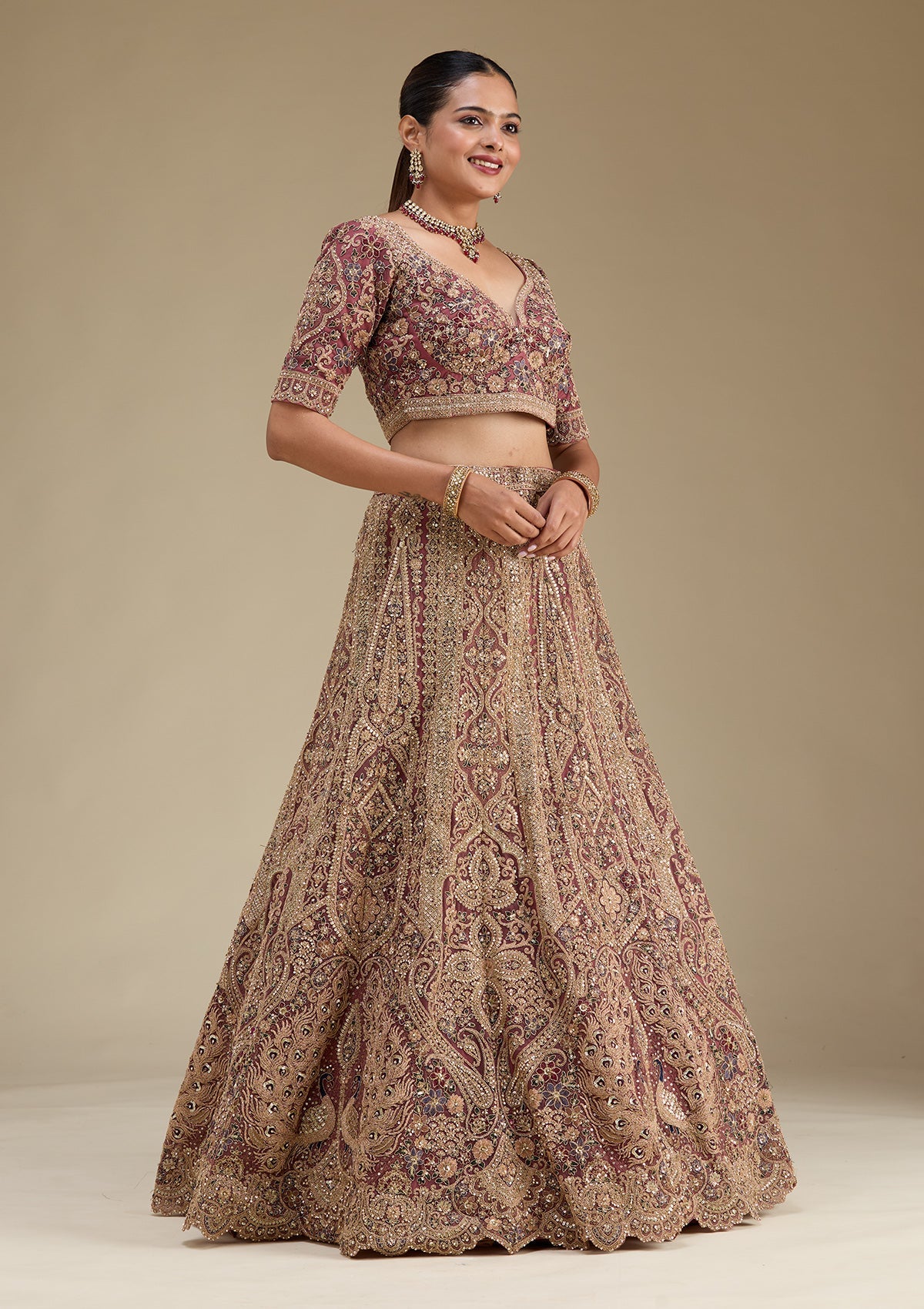 Onion Pink Zariwork Tissue Readymade Lehenga-Koskii