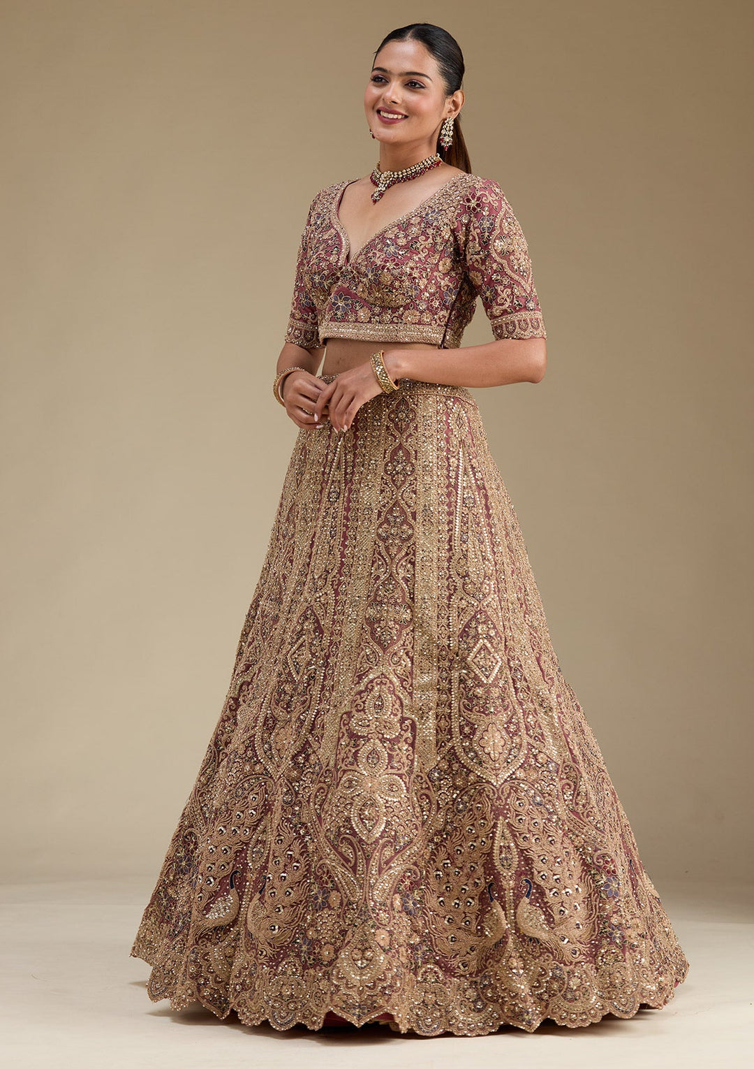 Onion Pink Zariwork Tissue Readymade Lehenga-Koskii