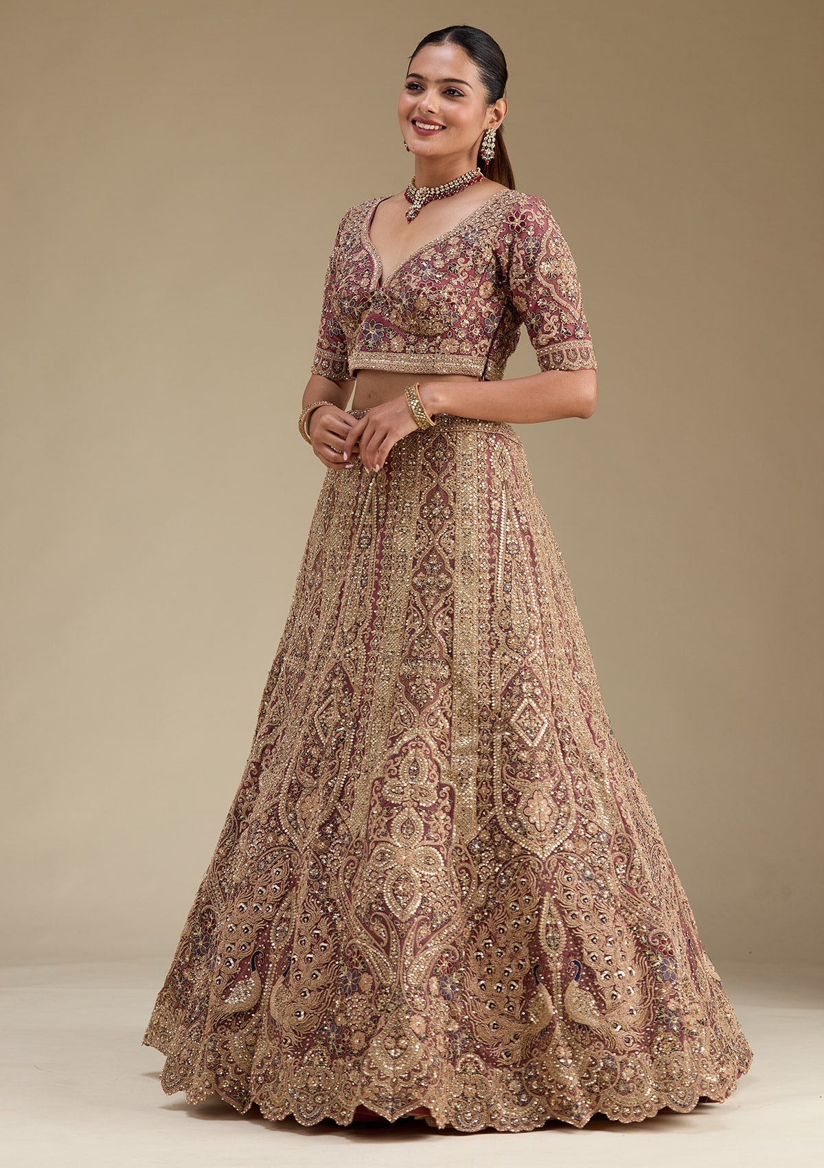 Onion Pink Zariwork Tissue Readymade Lehenga-Koskii