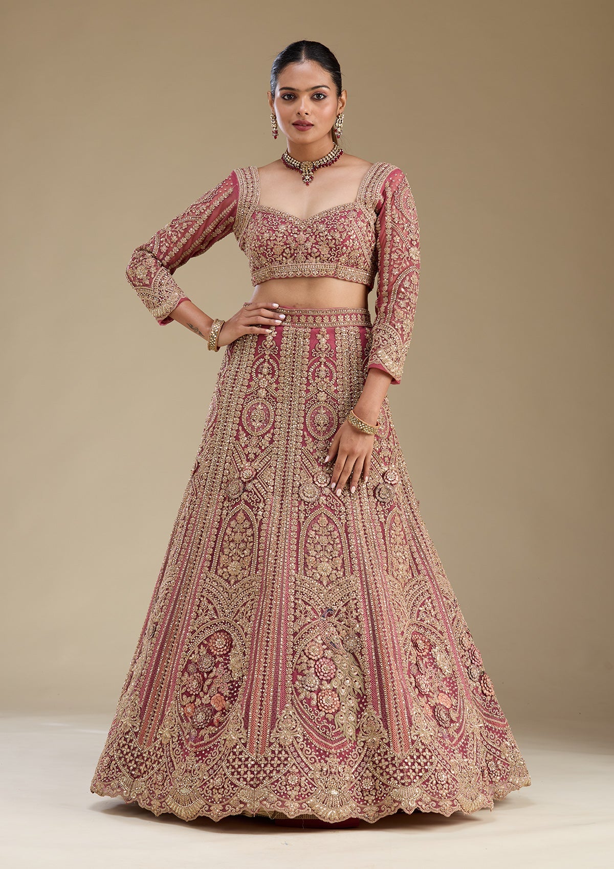 Pink Zariwork Tissue Readymade Lehenga-Koskii