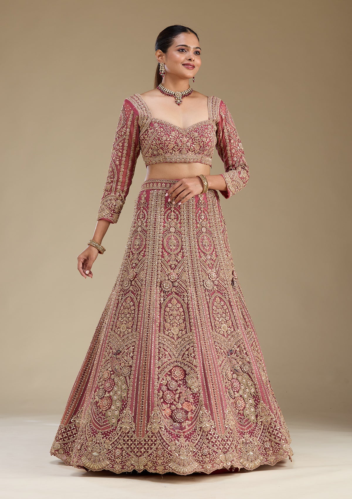 Pink Zariwork Tissue Readymade Lehenga-Koskii