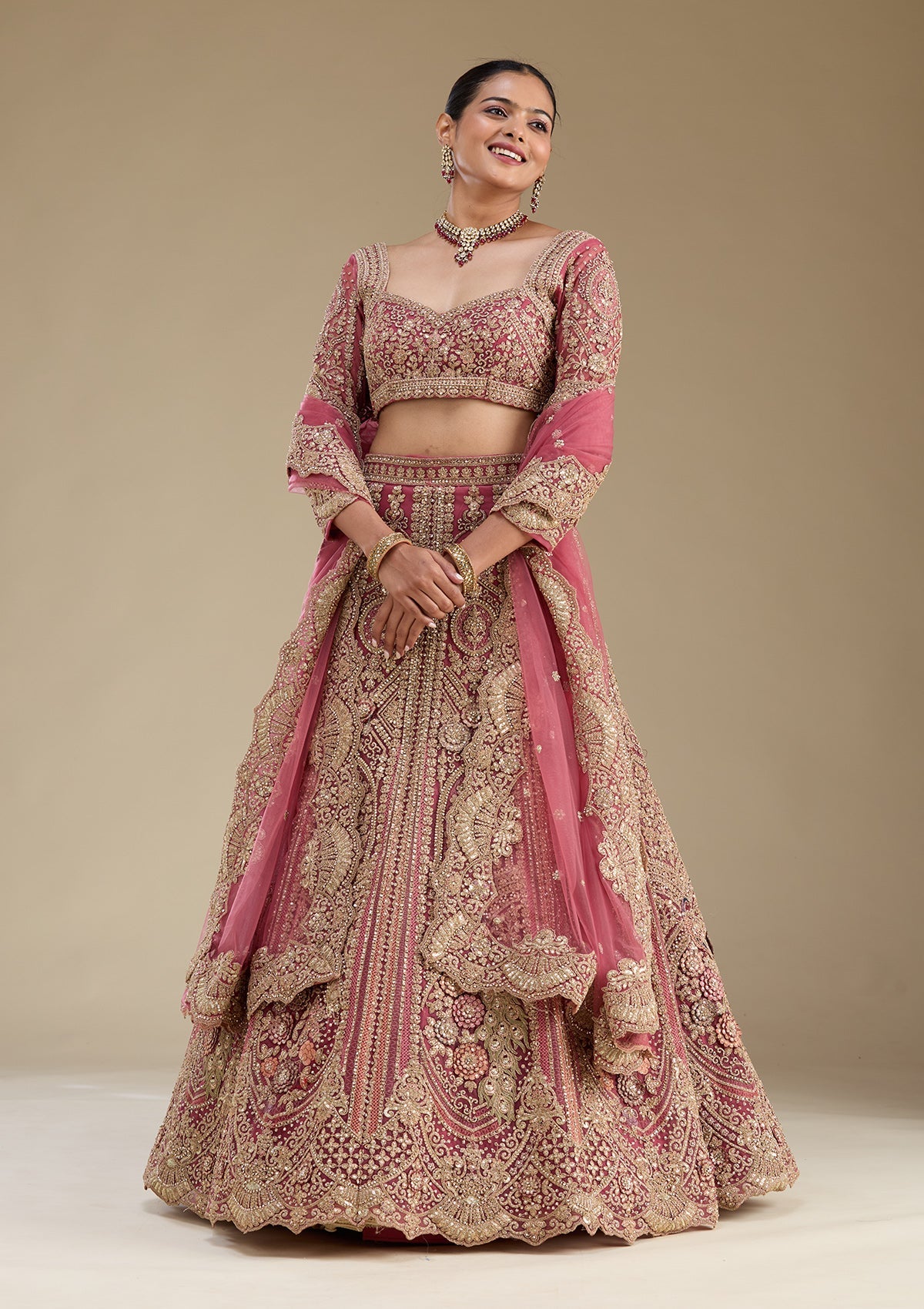 Pink Zariwork Tissue Readymade Lehenga-Koskii