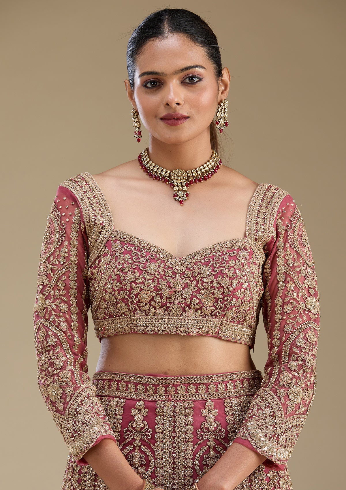 Pink Zariwork Tissue Readymade Lehenga-Koskii