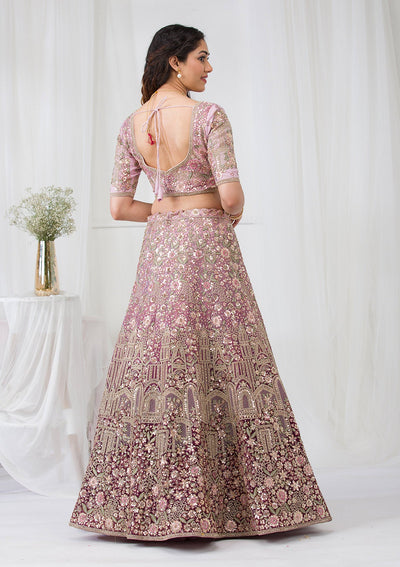 Purple Zariwork Net Semi Stitched Lehenga-Koskii