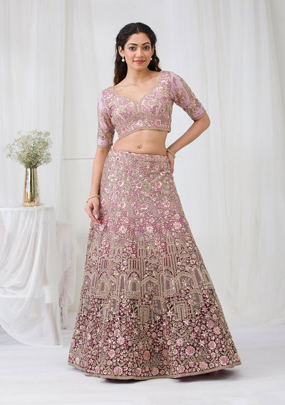 Purple Zariwork Net Semi Stitched Lehenga-Koskii