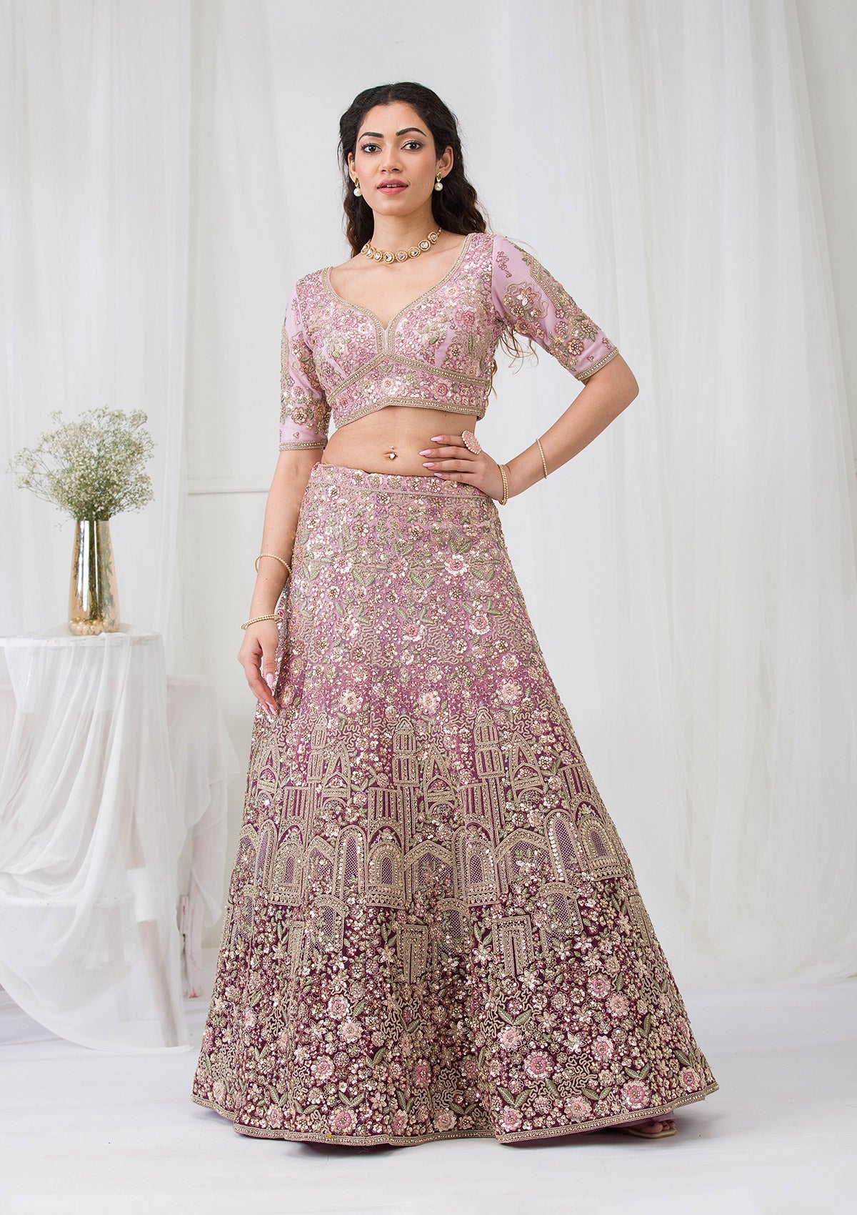 Purple Zariwork Net Semi Stitched Lehenga-Koskii