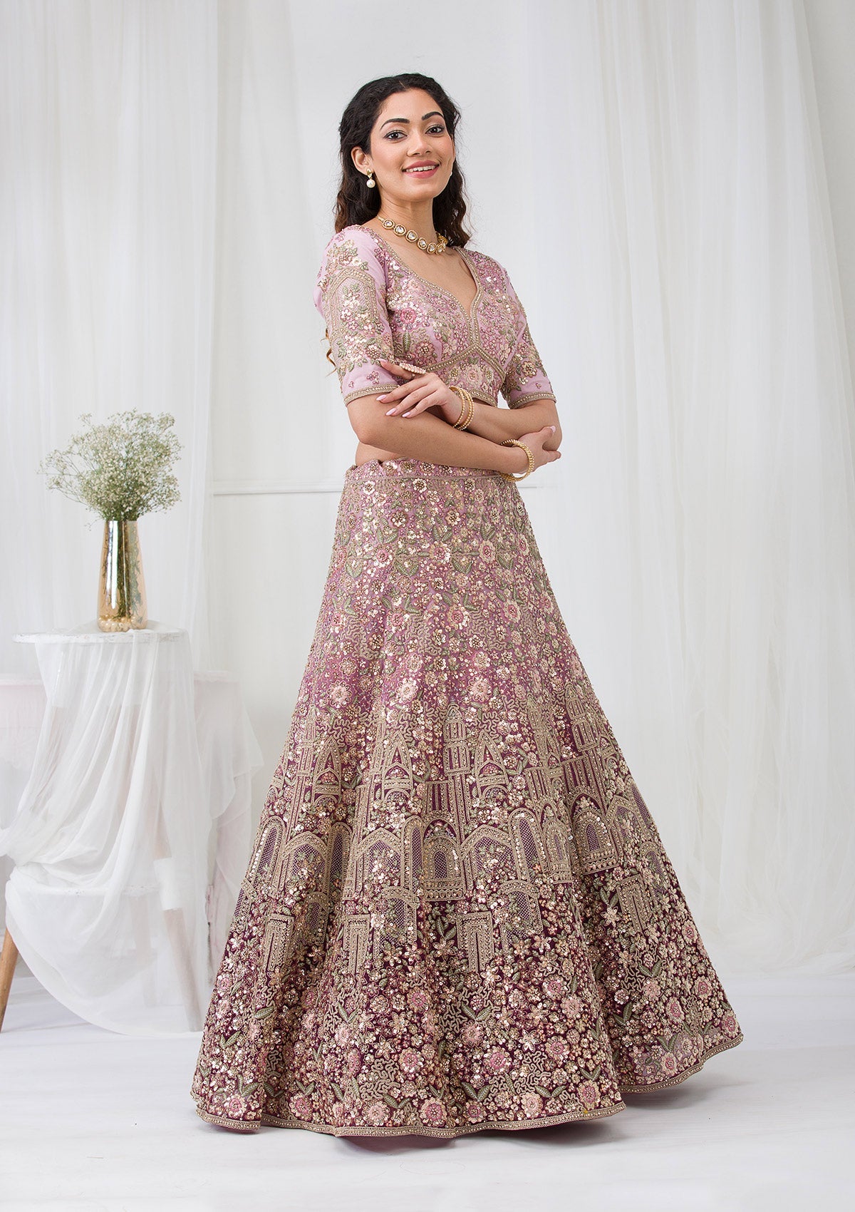 Purple Zariwork Net Semi Stitched Lehenga-Koskii