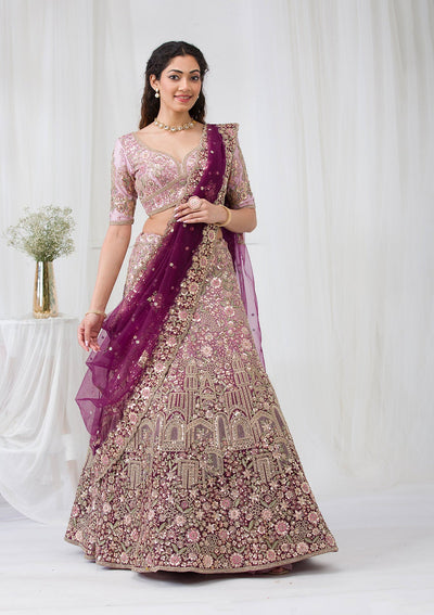 Purple Zariwork Net Semi Stitched Lehenga-Koskii