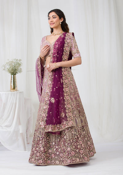 Purple Zariwork Net Semi Stitched Lehenga-Koskii