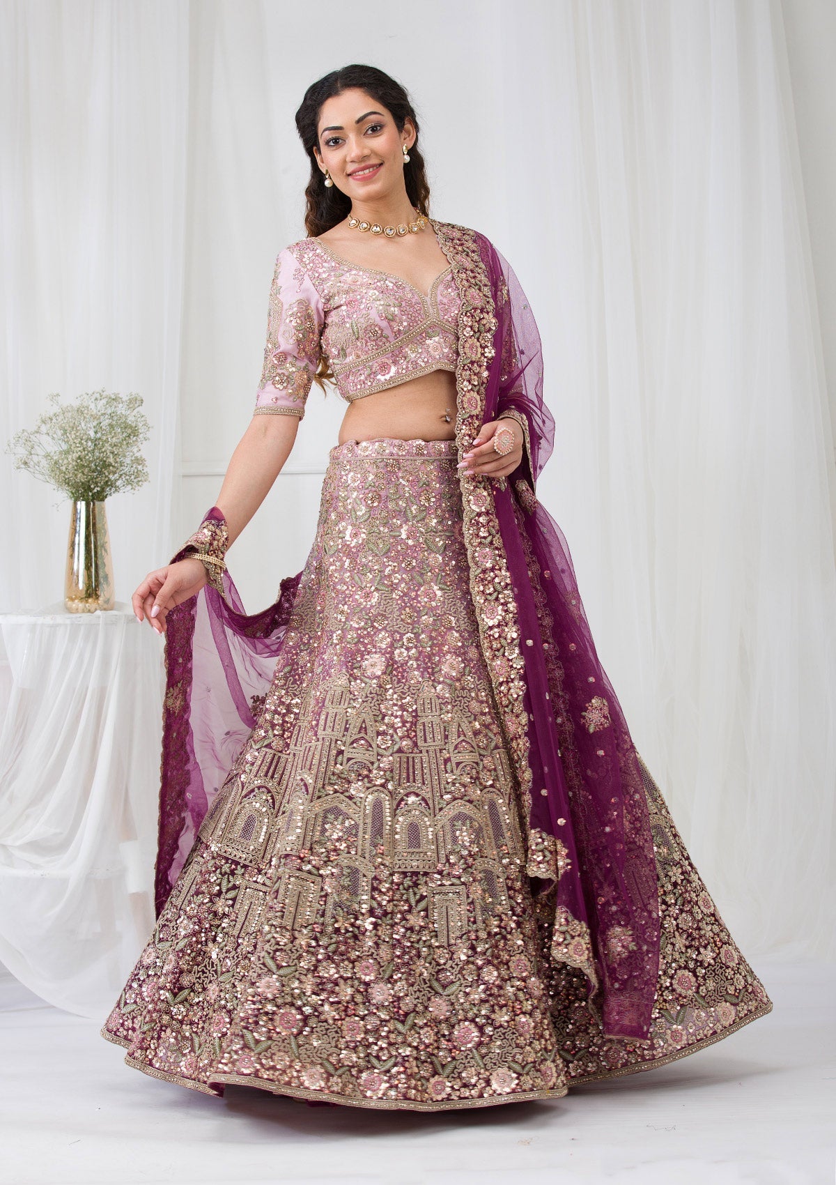 Purple Zariwork Net Semi Stitched Lehenga-Koskii