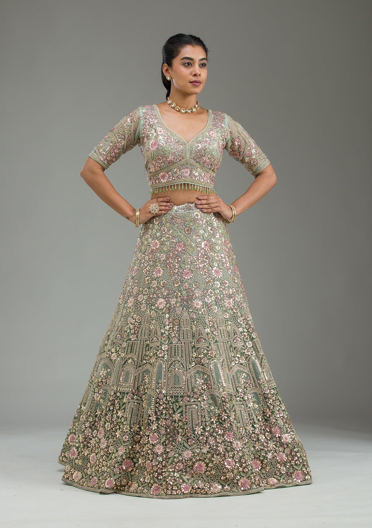 Sea Green Zariwork Tissue Semi Stitched Lehenga-Koskii