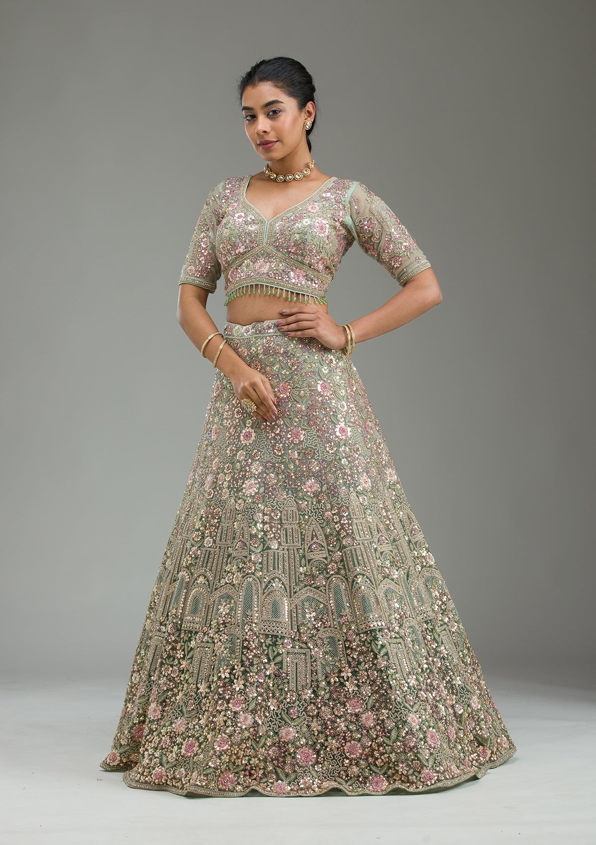 Sea Green Zariwork Tissue Semi Stitched Lehenga-Koskii