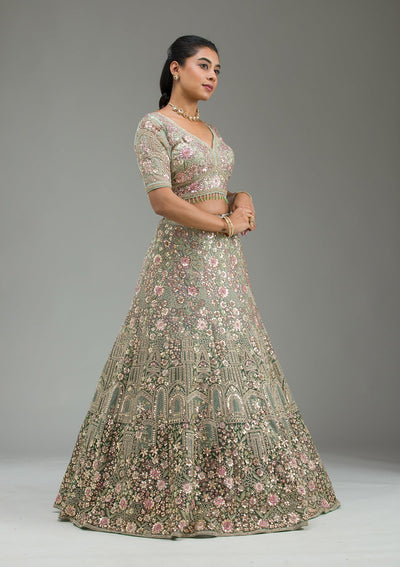 Sea Green Zariwork Tissue Semi Stitched Lehenga-Koskii