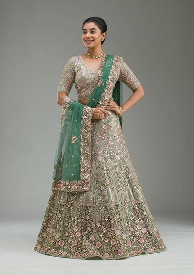 Sea Green Zariwork Tissue Semi Stitched Lehenga-Koskii