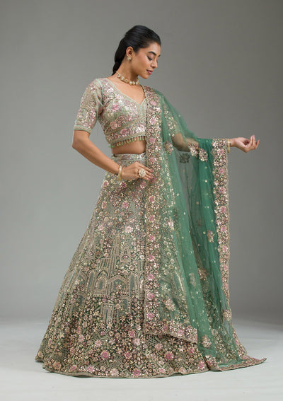 Sea Green Zariwork Tissue Semi Stitched Lehenga-Koskii