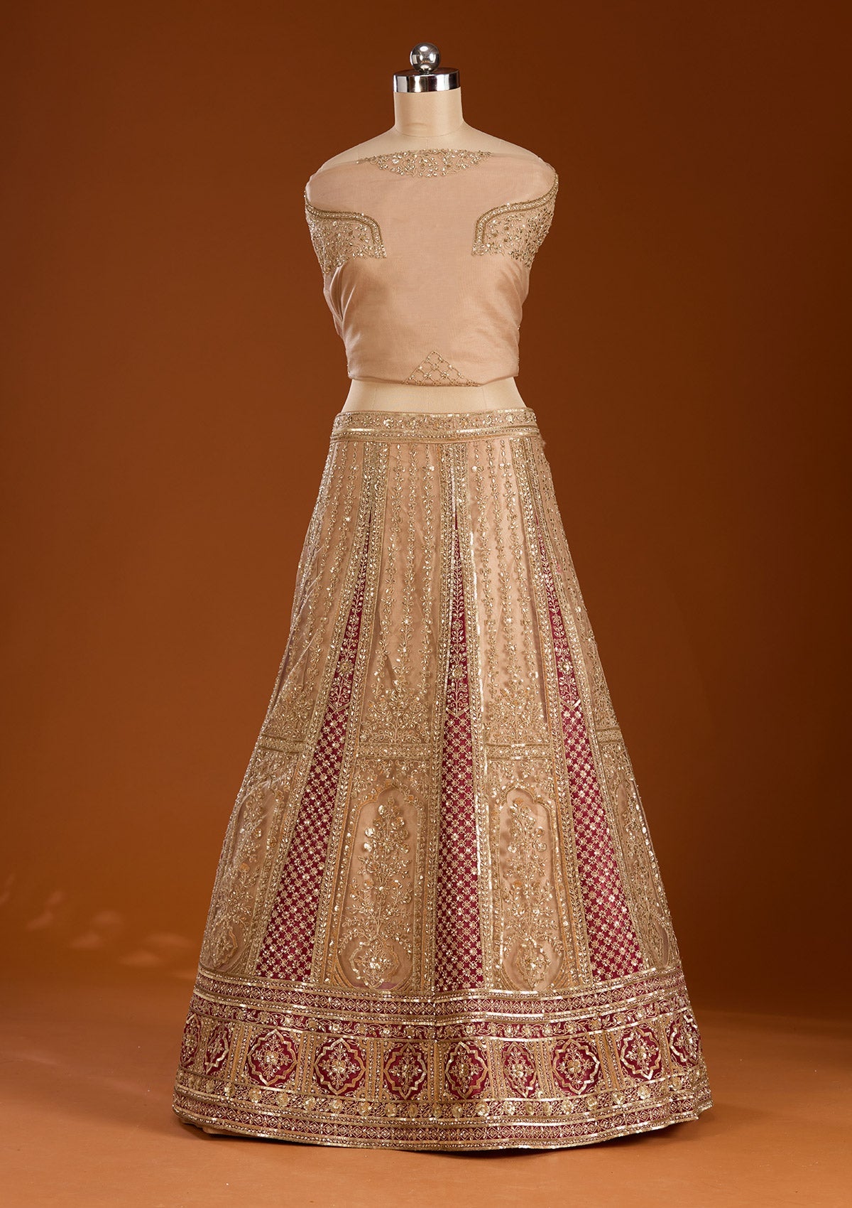 Beige Zariwork Net Semi-Stitched Lehenga-koskii