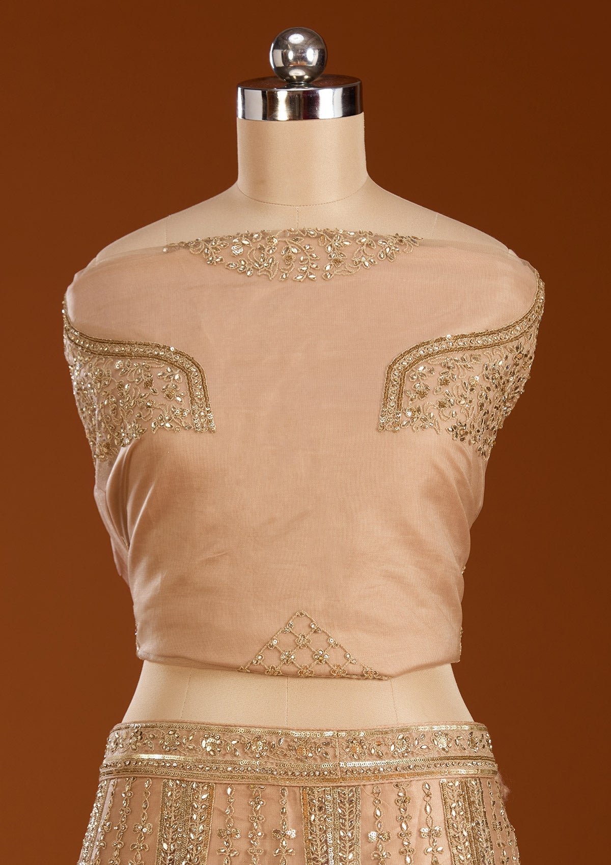 Beige Zariwork Net Semi-Stitched Lehenga-koskii