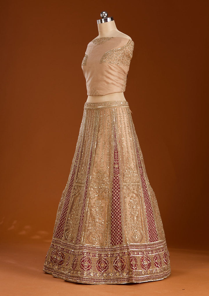 Beige Zariwork Net Semi-Stitched Lehenga-koskii