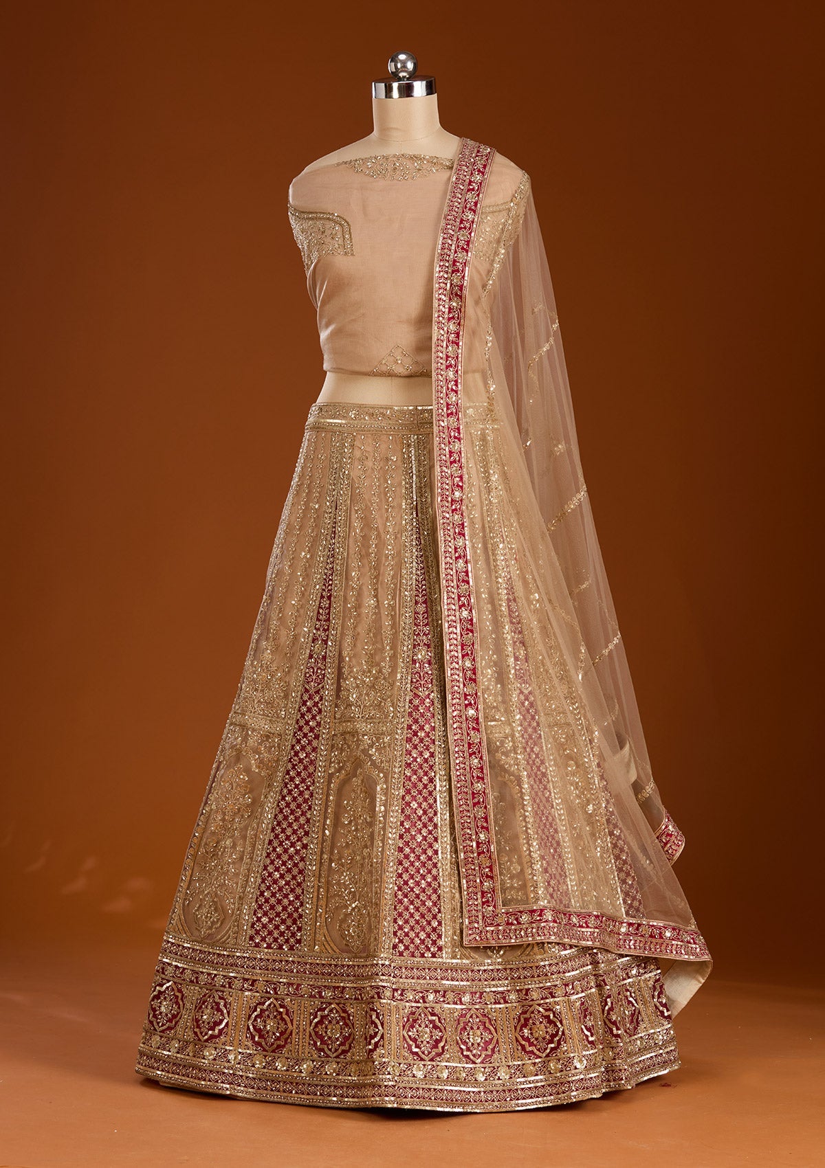 Beige Zariwork Net Semi-Stitched Lehenga-koskii