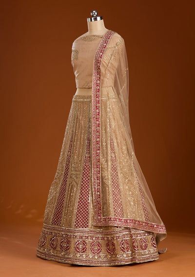 Beige Zariwork Net Semi-Stitched Lehenga-koskii