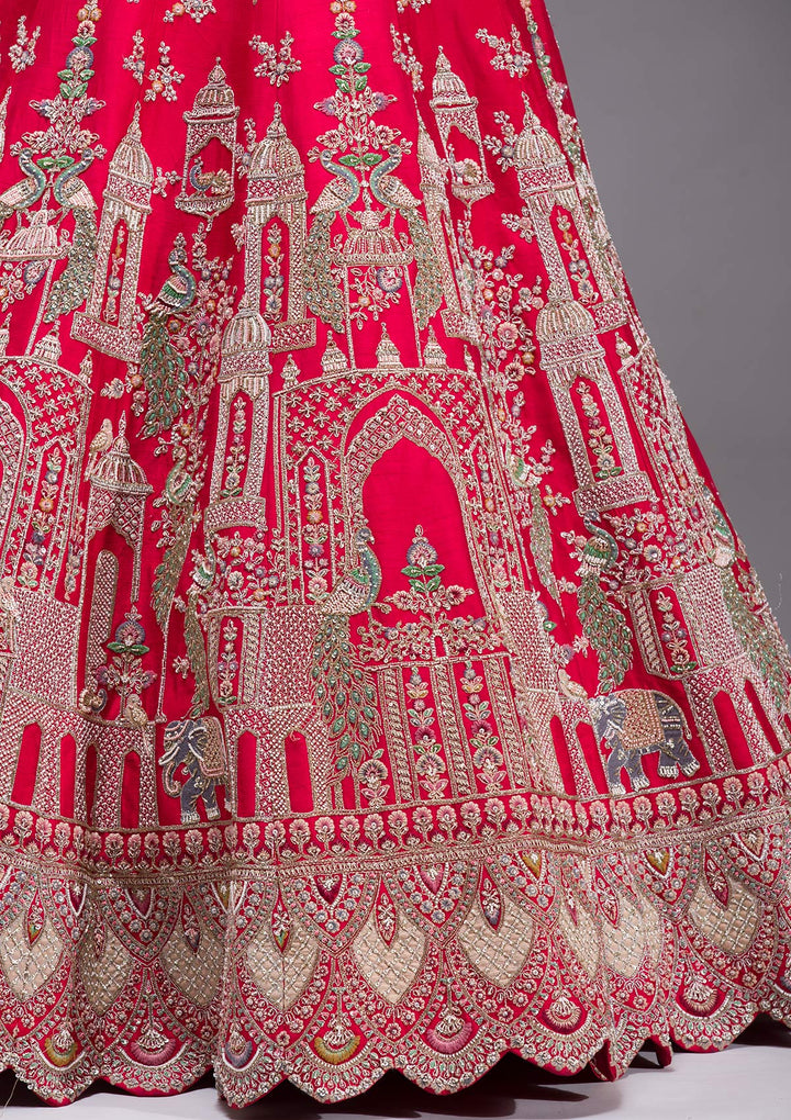 Red Zardosi Raw Silk Readymade Lehenga-koskii