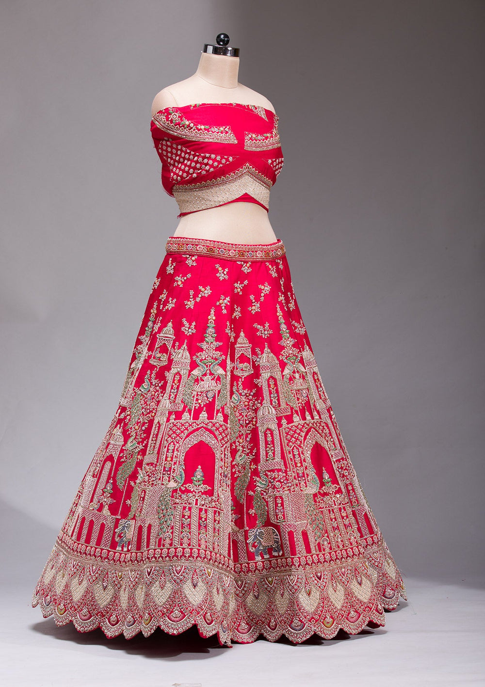 Red Zardosi Raw Silk Readymade Lehenga-koskii